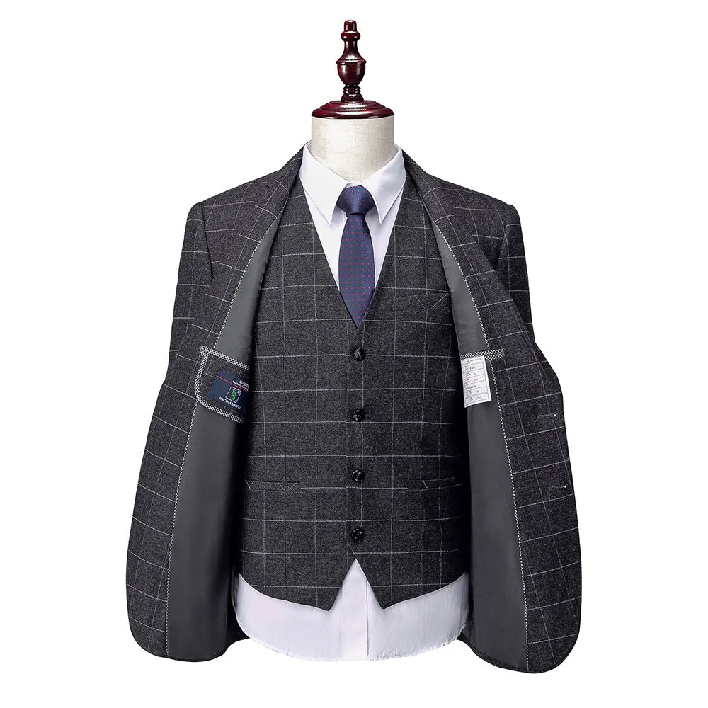Men's business suit in dark grey polyester, Korean slim fit style with two-button placket and trousers
