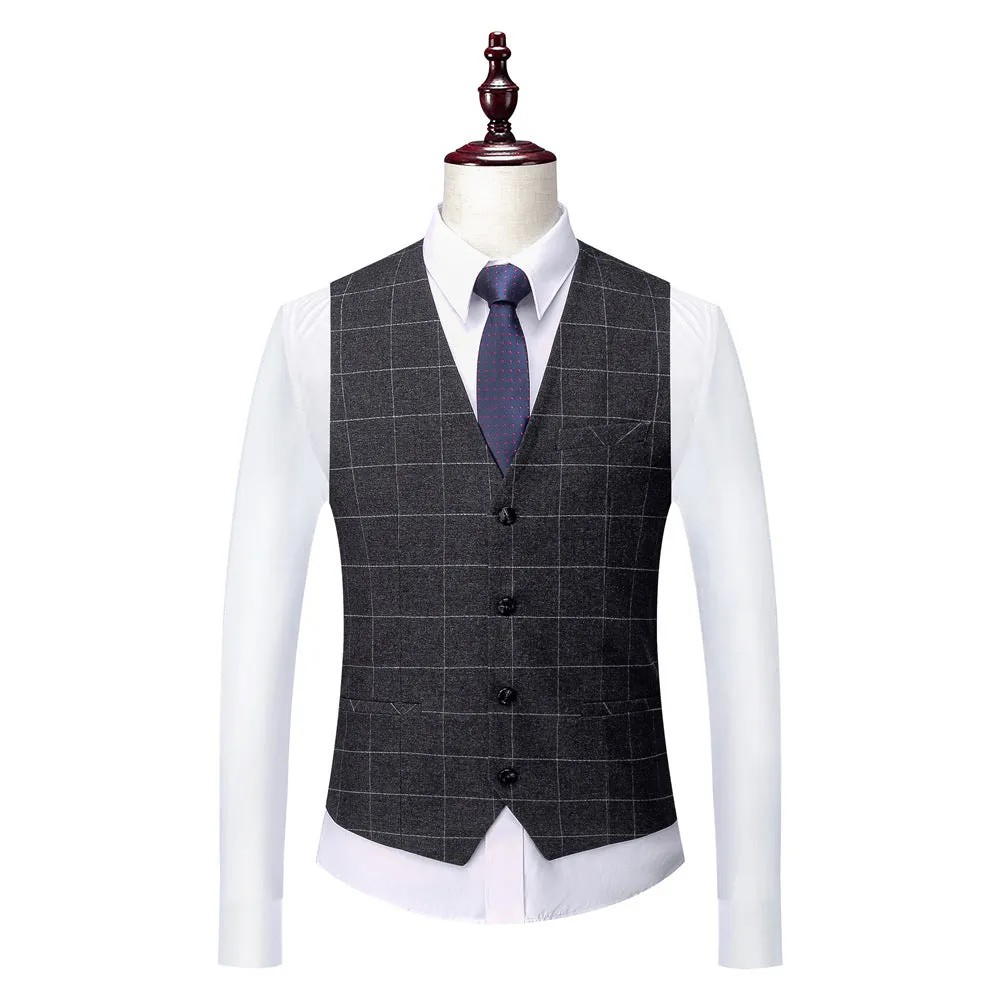 Men's business suit in dark grey polyester, Korean slim fit style with two-button placket and trousers