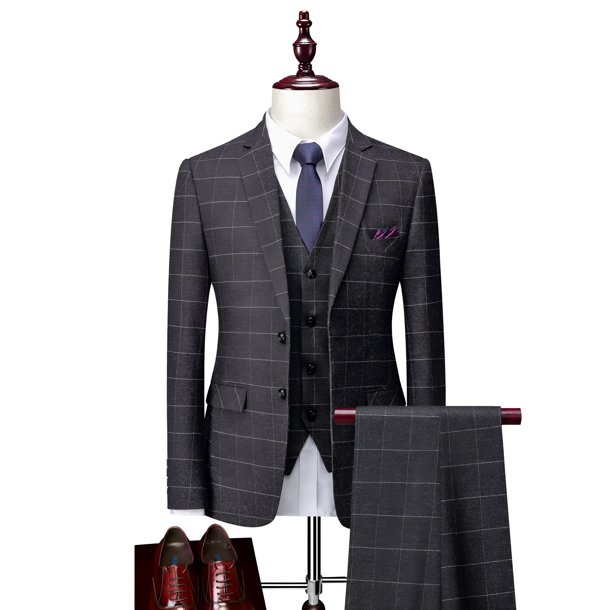 Men's business suit in dark grey polyester, Korean slim fit style with two-button placket and trousers