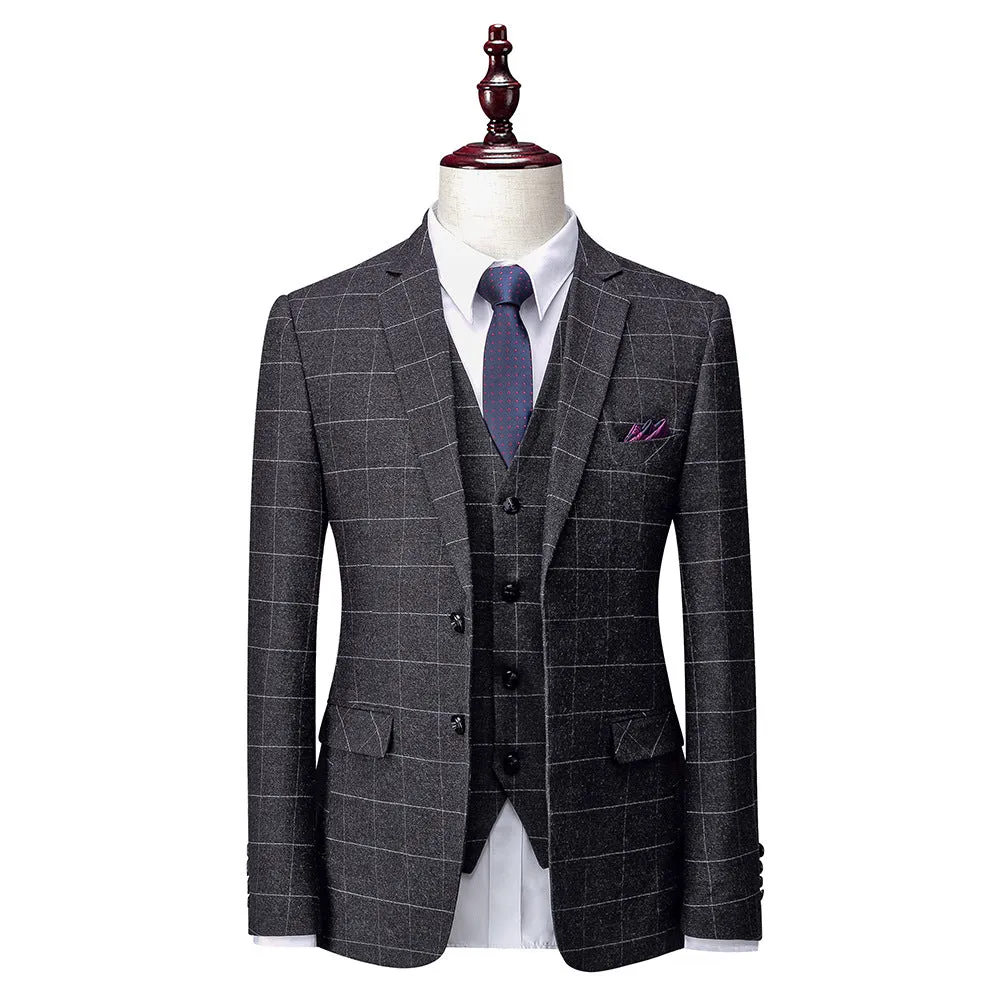 Men's business suit in dark grey polyester, Korean slim fit style with two-button placket and trousers