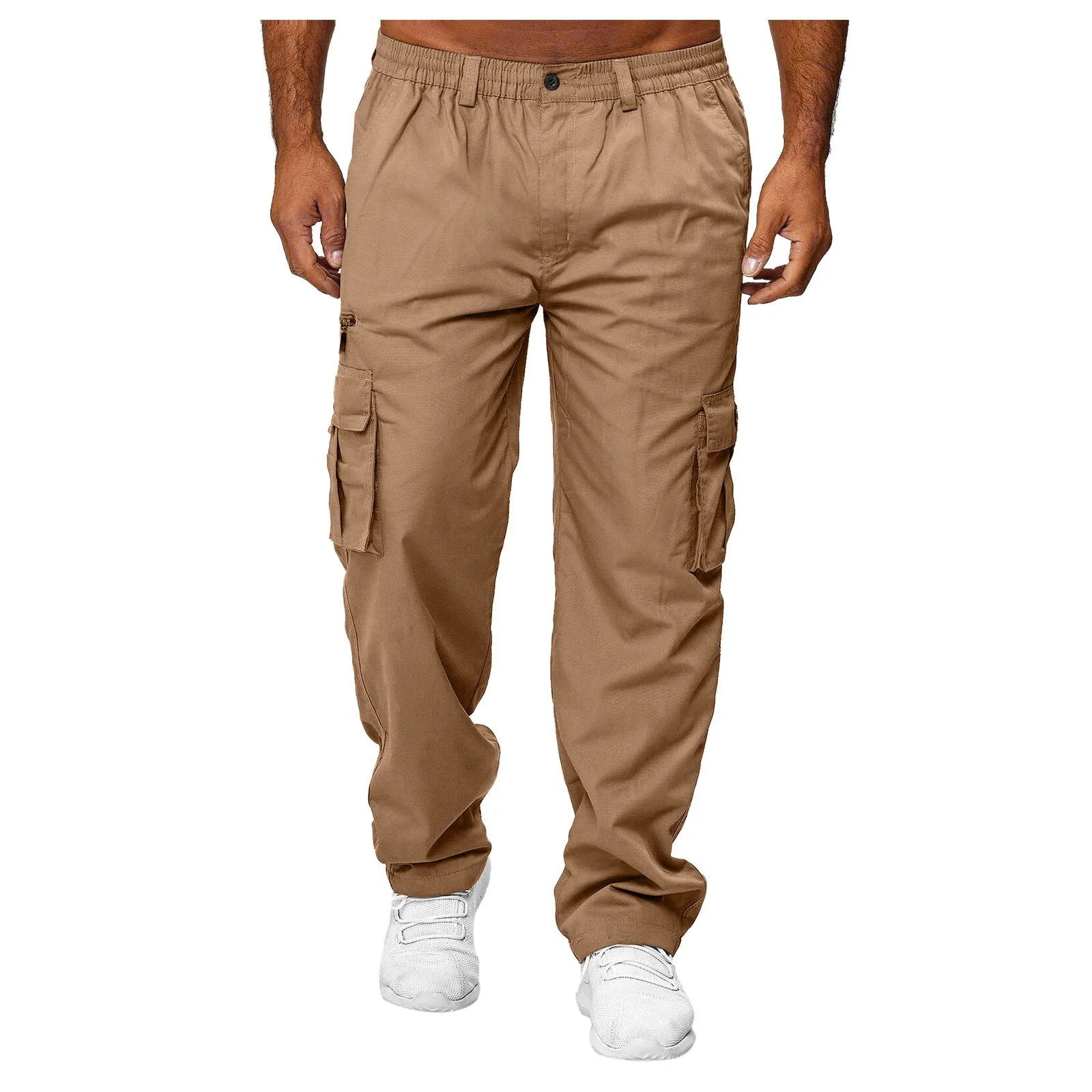 Men's loose multi-pocket cargo trousers in khaki with belted mid-waist and button front