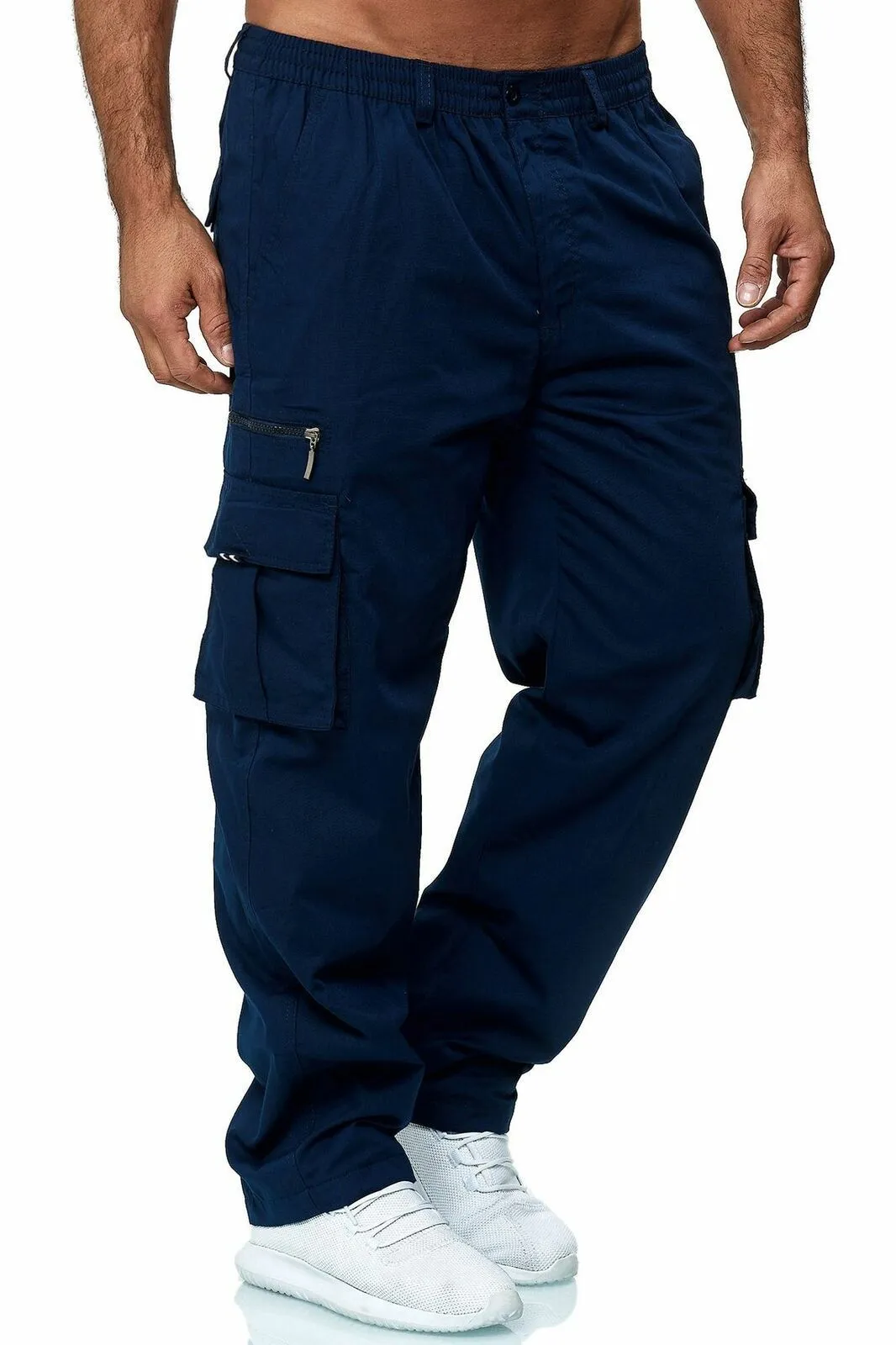 Men's loose multi-pocket cargo trousers in khaki with belted mid-waist and button front