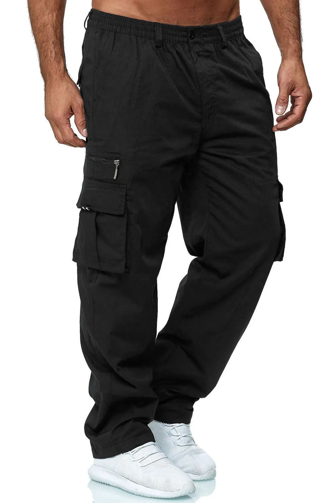Men's loose multi-pocket cargo trousers in khaki with belted mid-waist and button front