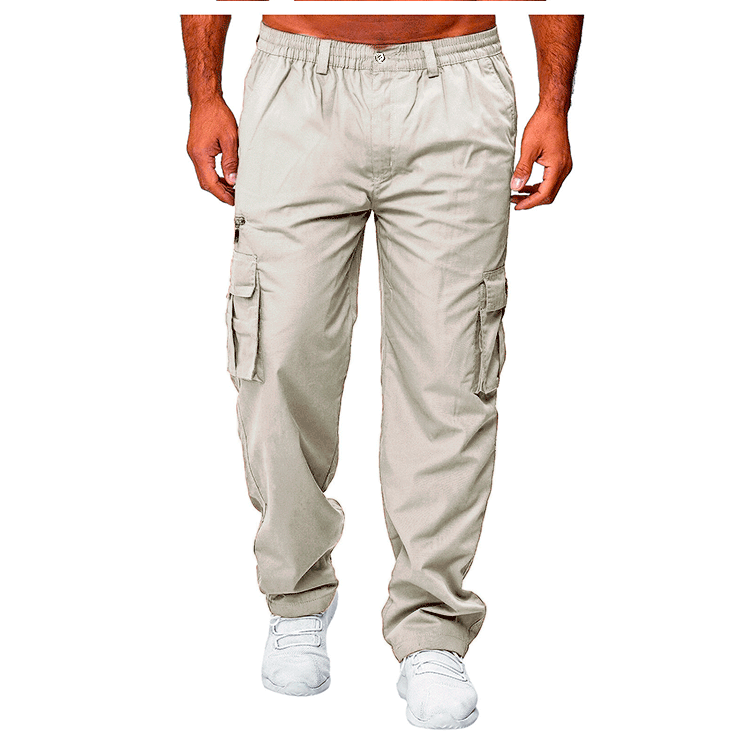 Men's loose multi-pocket cargo trousers in khaki with belted mid-waist and button front
