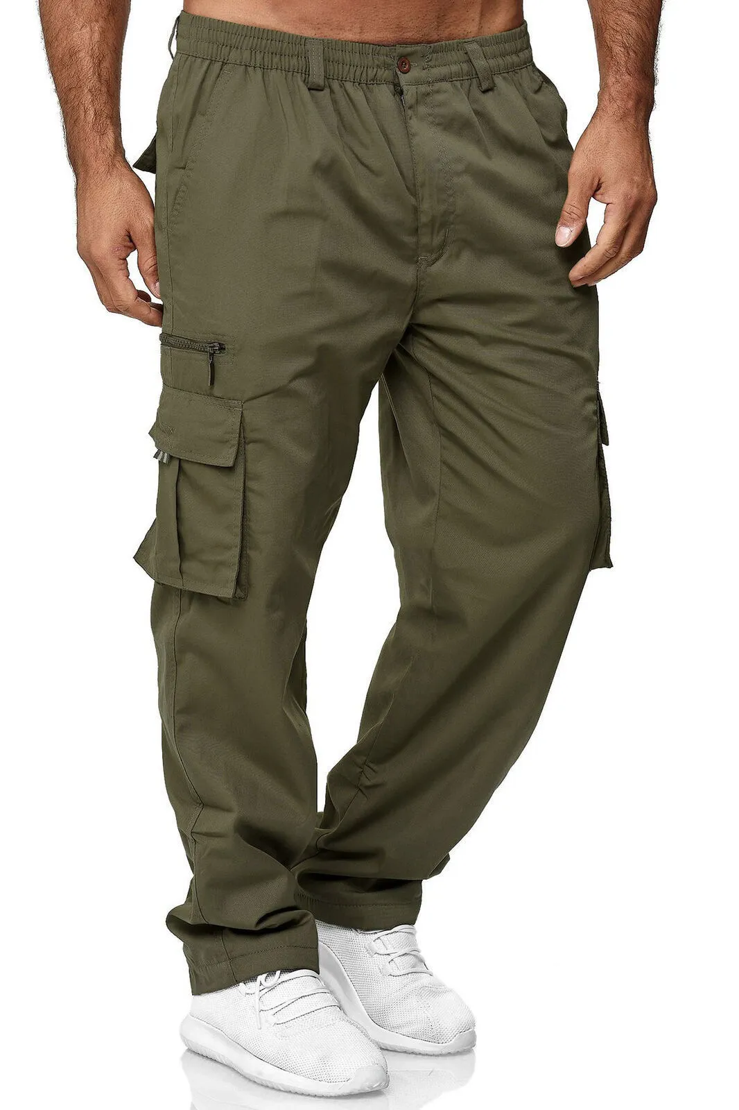 Men's loose multi-pocket cargo trousers in khaki with belted mid-waist and button front