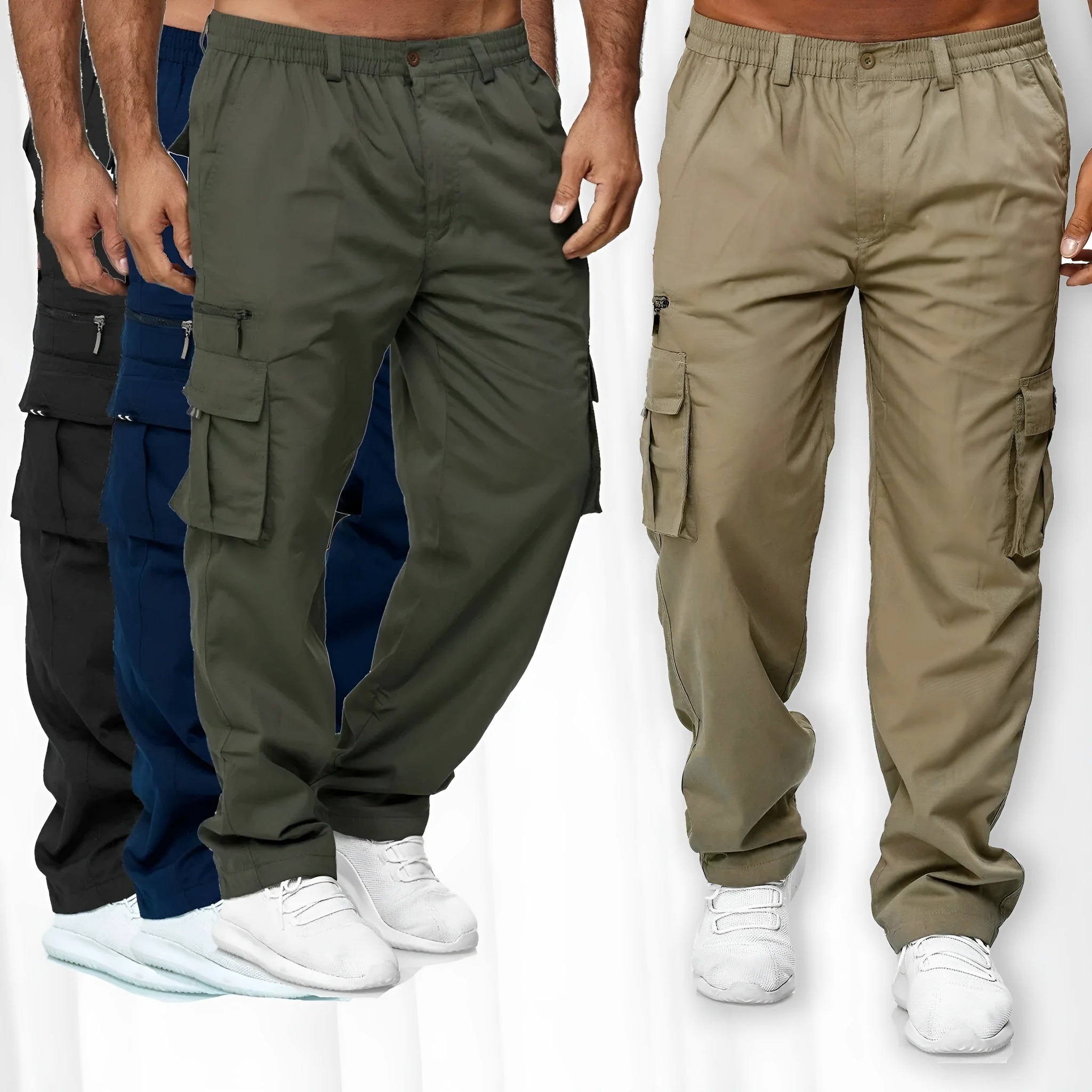 Men's loose multi-pocket cargo trousers in khaki with belted mid-waist and button front