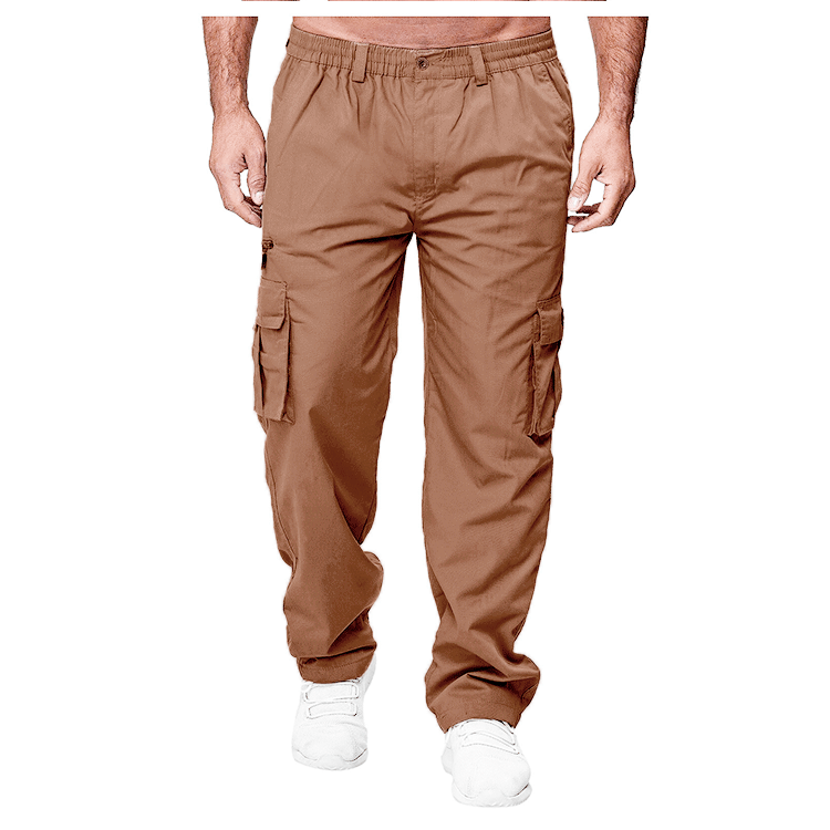 Men's loose multi-pocket cargo trousers in khaki with belted mid-waist and button front