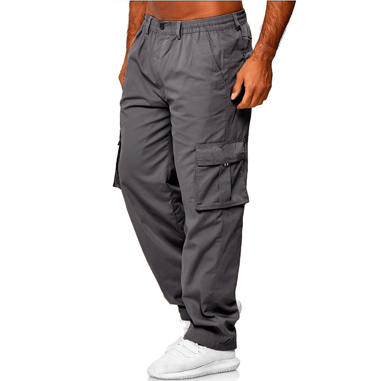 Men's loose multi-pocket cargo trousers in khaki with belted mid-waist and button front