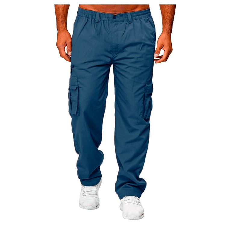 Men's loose multi-pocket cargo trousers in khaki with belted mid-waist and button front