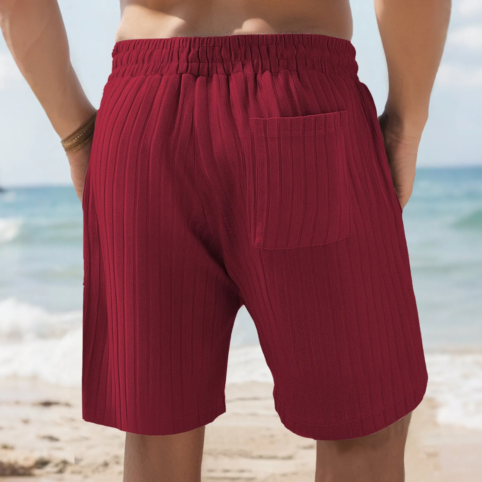 Men's striped beach pants with lace trim and multiple pockets in khaki