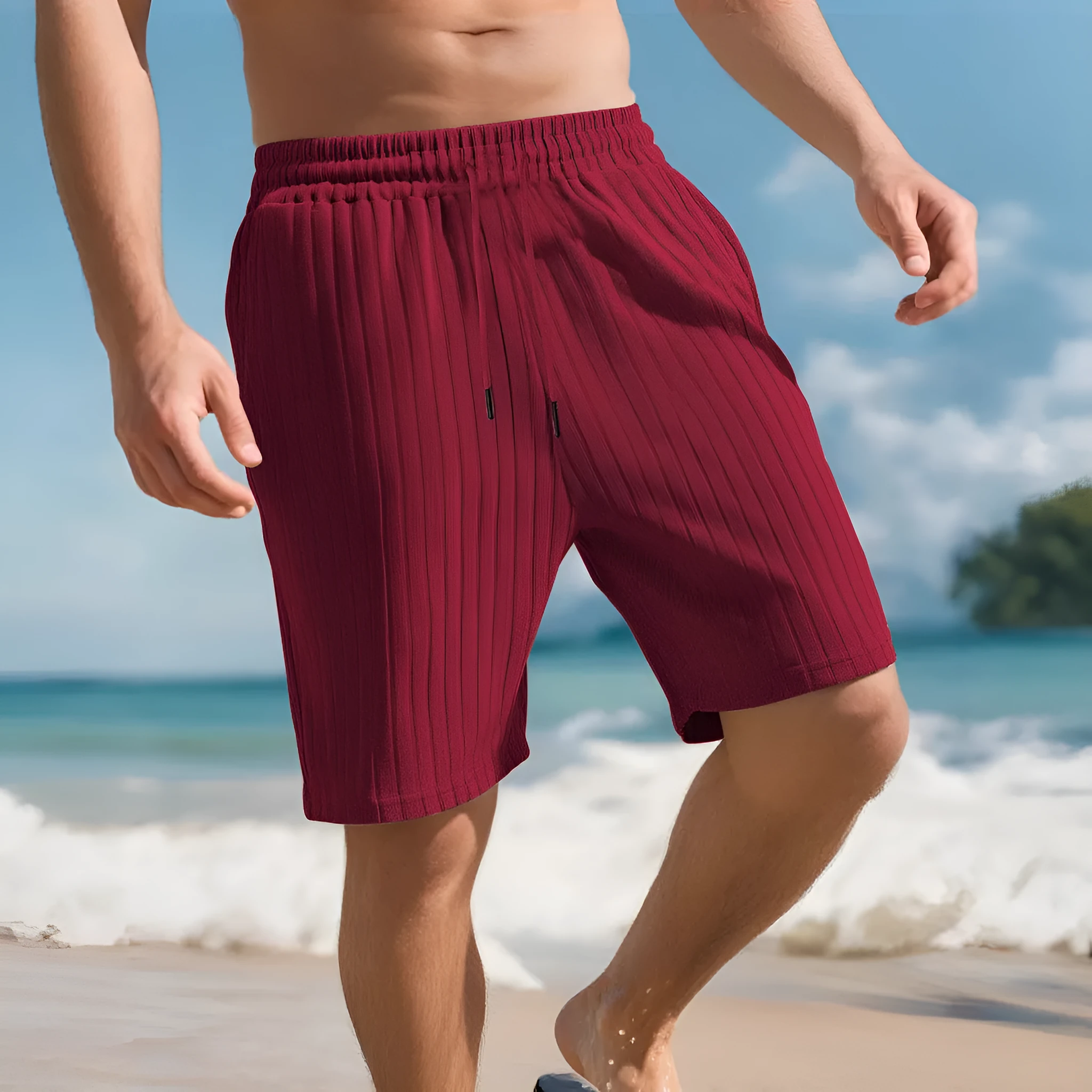Men's striped beach pants with lace trim and multiple pockets in khaki