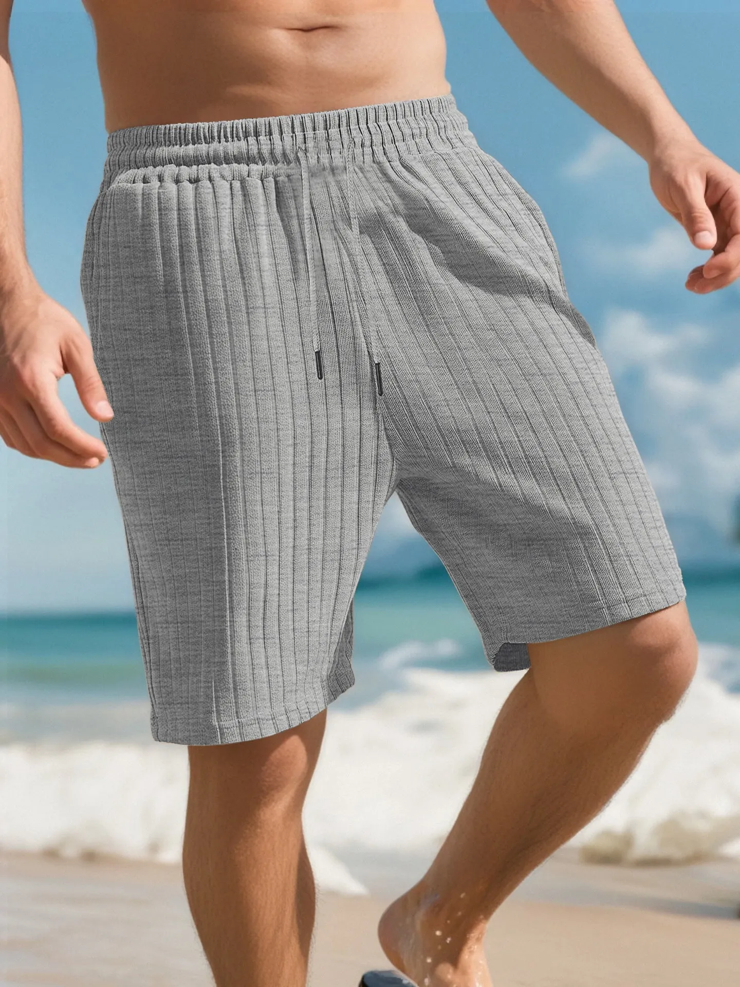 Men's striped beach pants with lace trim and multiple pockets in khaki