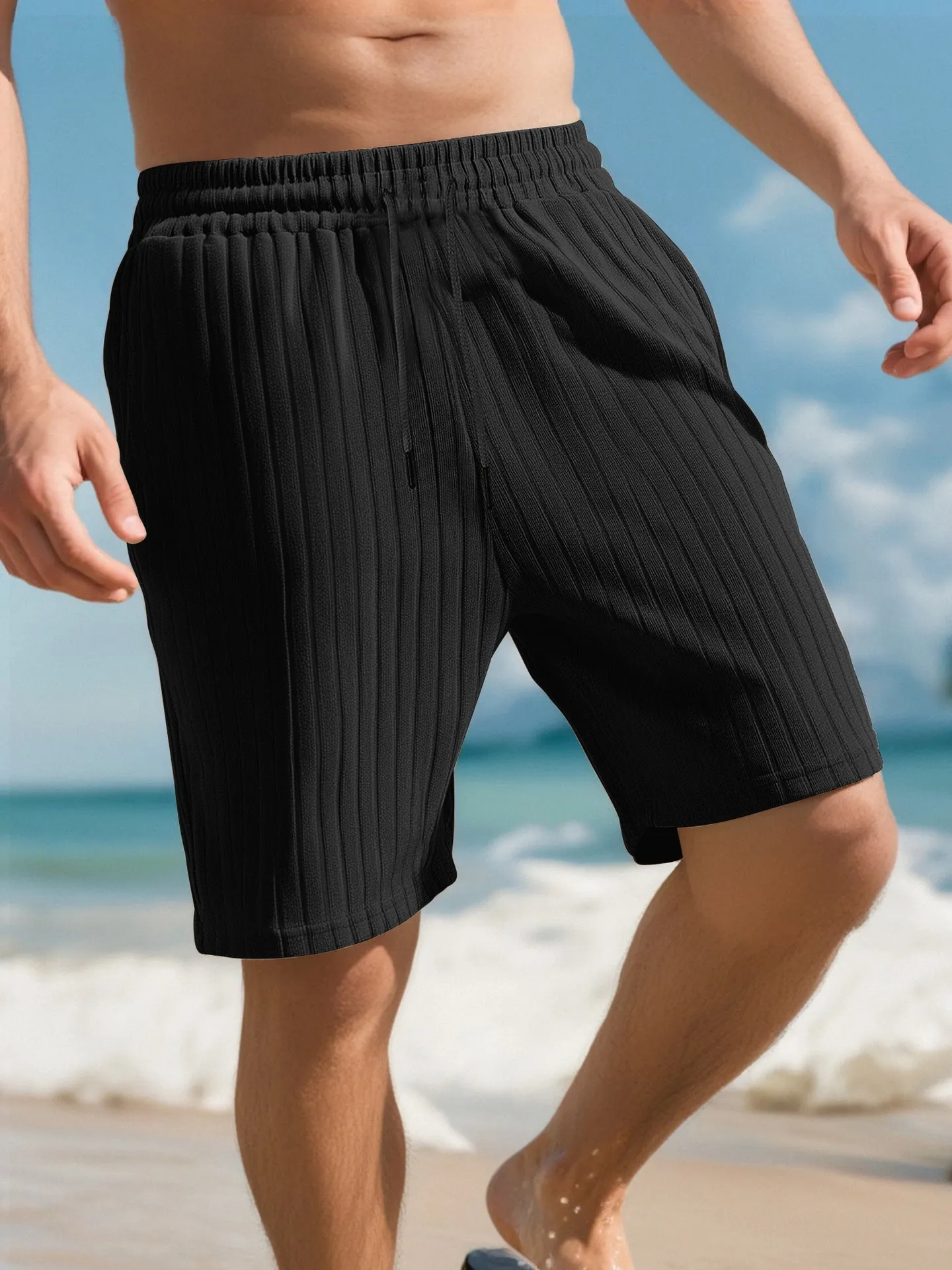 Men's striped beach pants with lace trim and multiple pockets in khaki