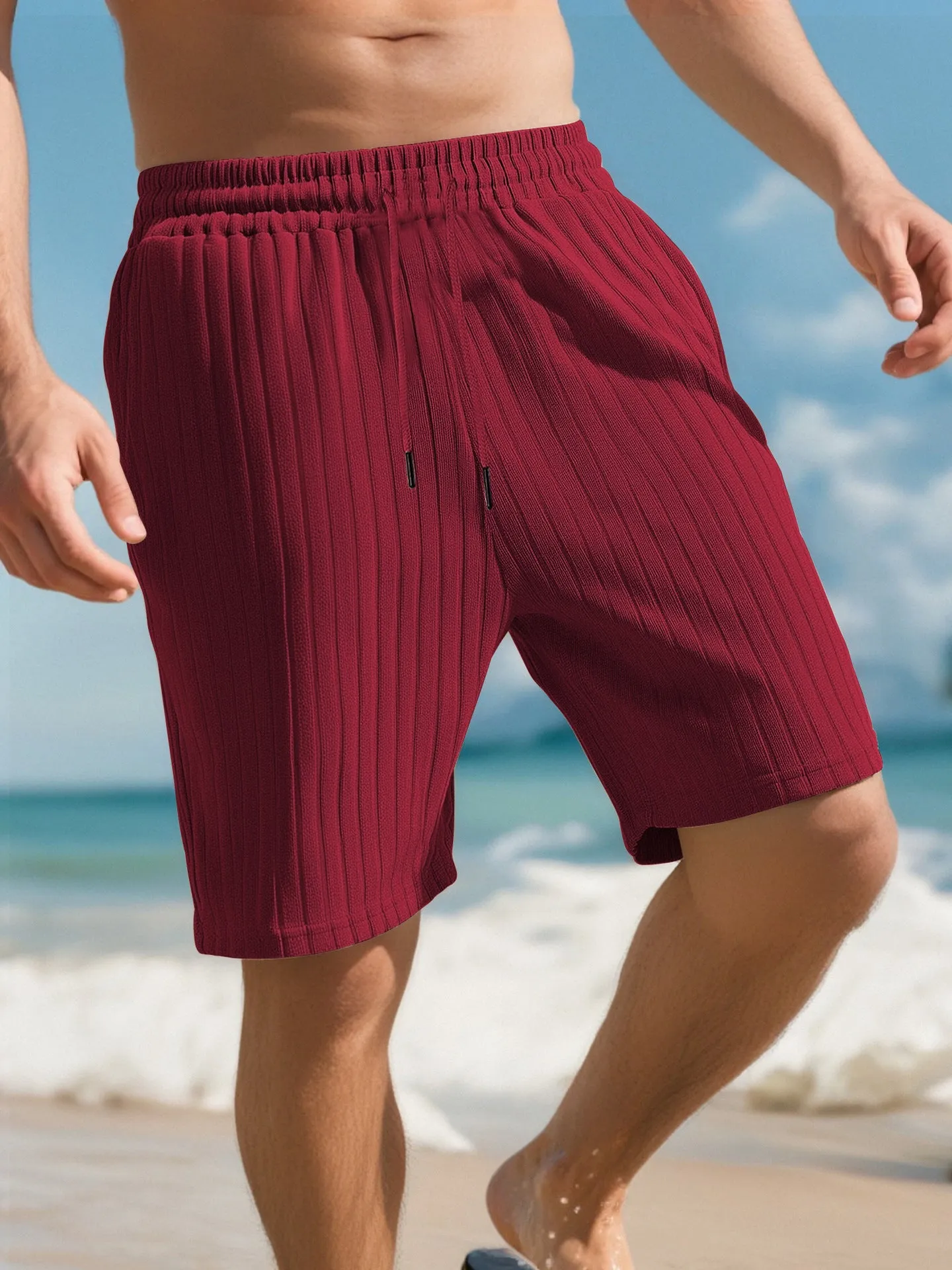 Men's striped beach pants with lace trim and multiple pockets in khaki
