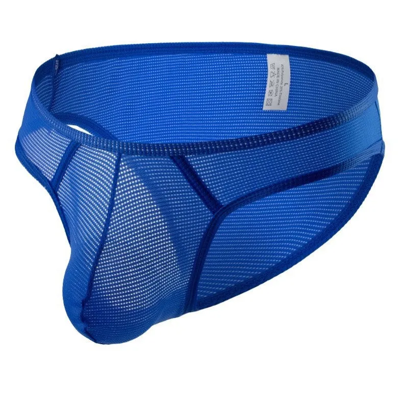 Men's breathable mesh nylon low-waist briefs in eight colours including black, light green, royal blue, and red