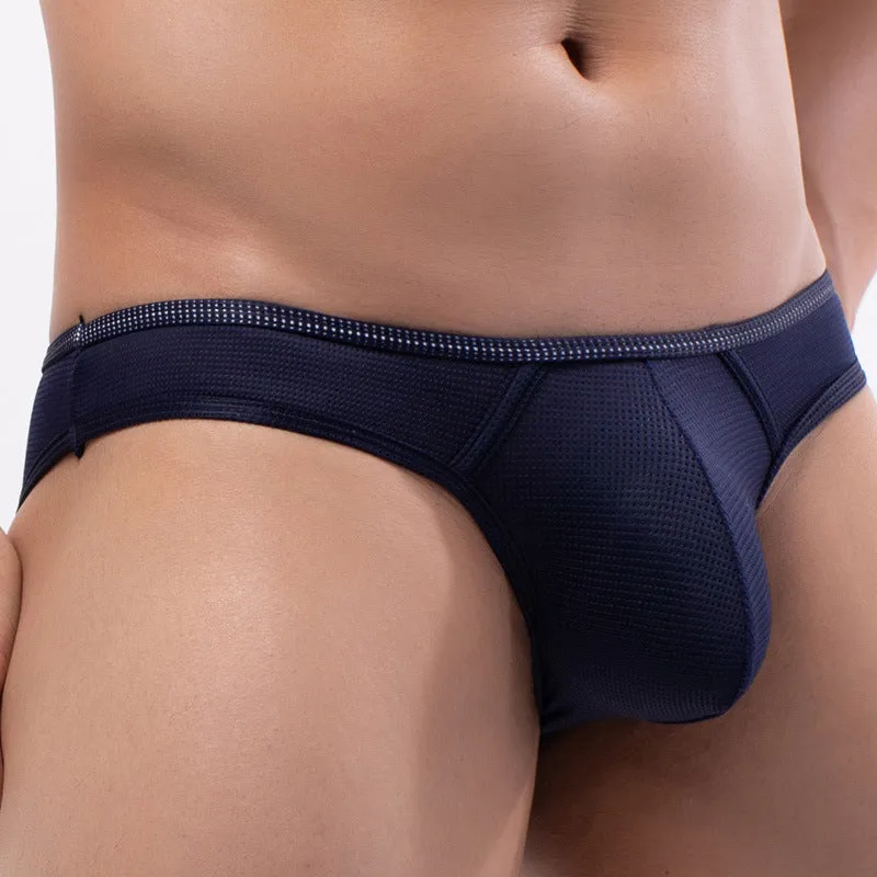 Men's breathable mesh nylon low-waist briefs in eight colours including black, light green, royal blue, and red