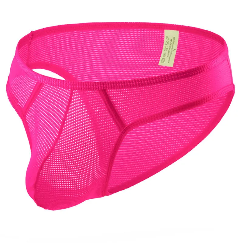 Men's breathable mesh nylon low-waist briefs in eight colours including black, light green, royal blue, and red