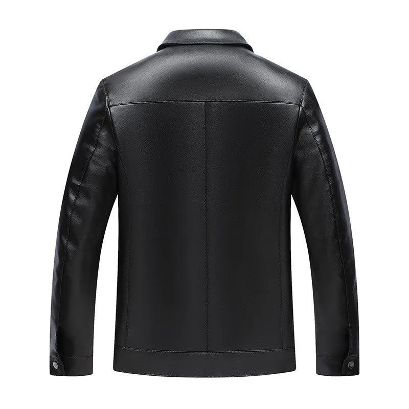 Black PU leather jacket with turn-down collar, patch pockets, and straight hem for spring and autumn business wear