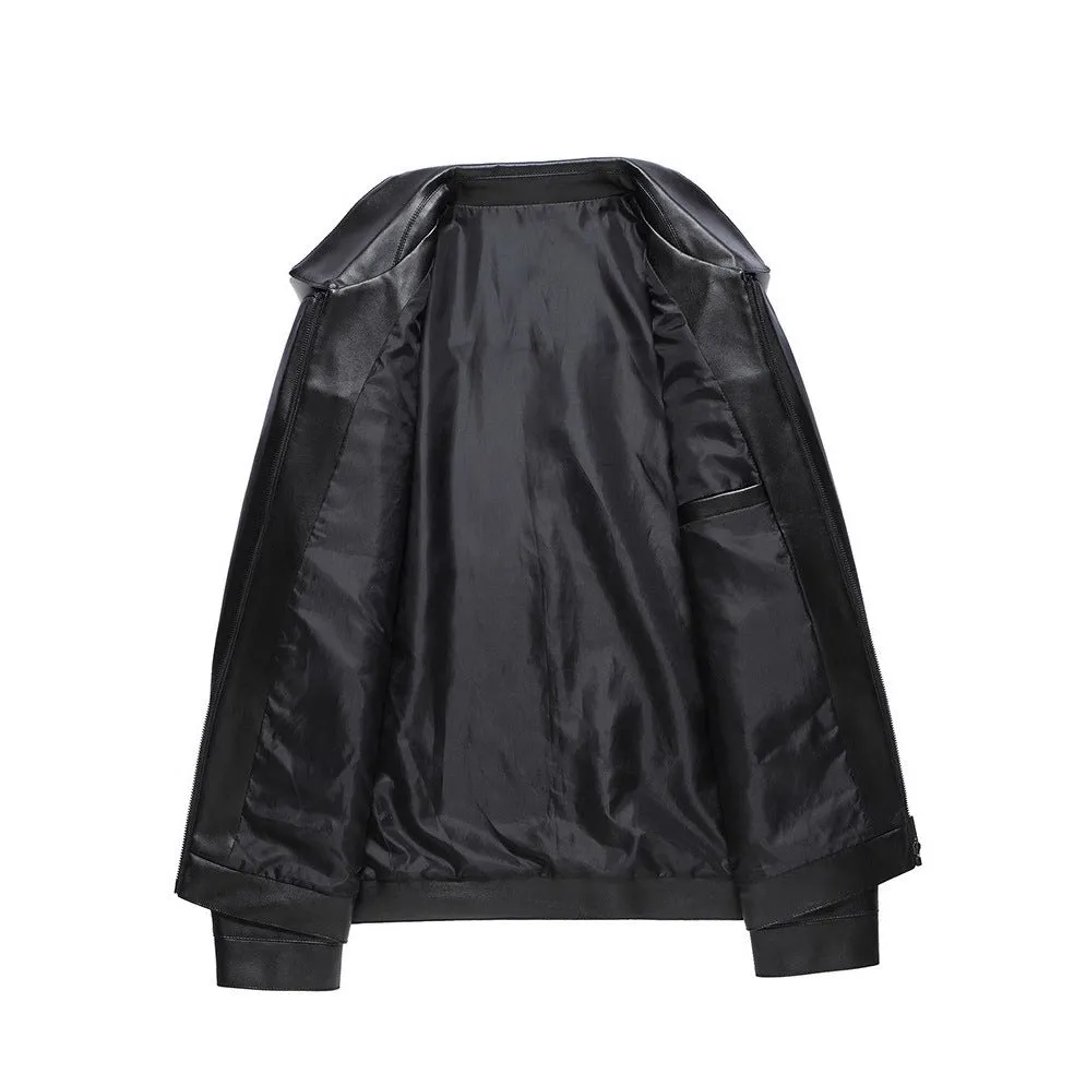 Black PU leather jacket with turn-down collar, patch pockets, and straight hem for spring and autumn business wear