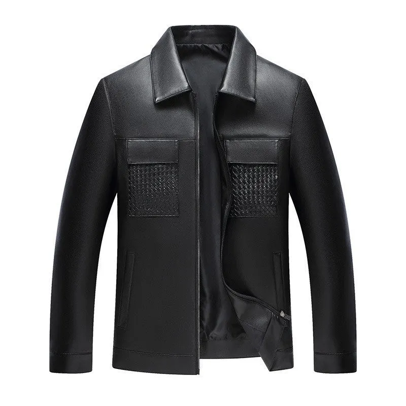 Black PU leather jacket with turn-down collar, patch pockets, and straight hem for spring and autumn business wear