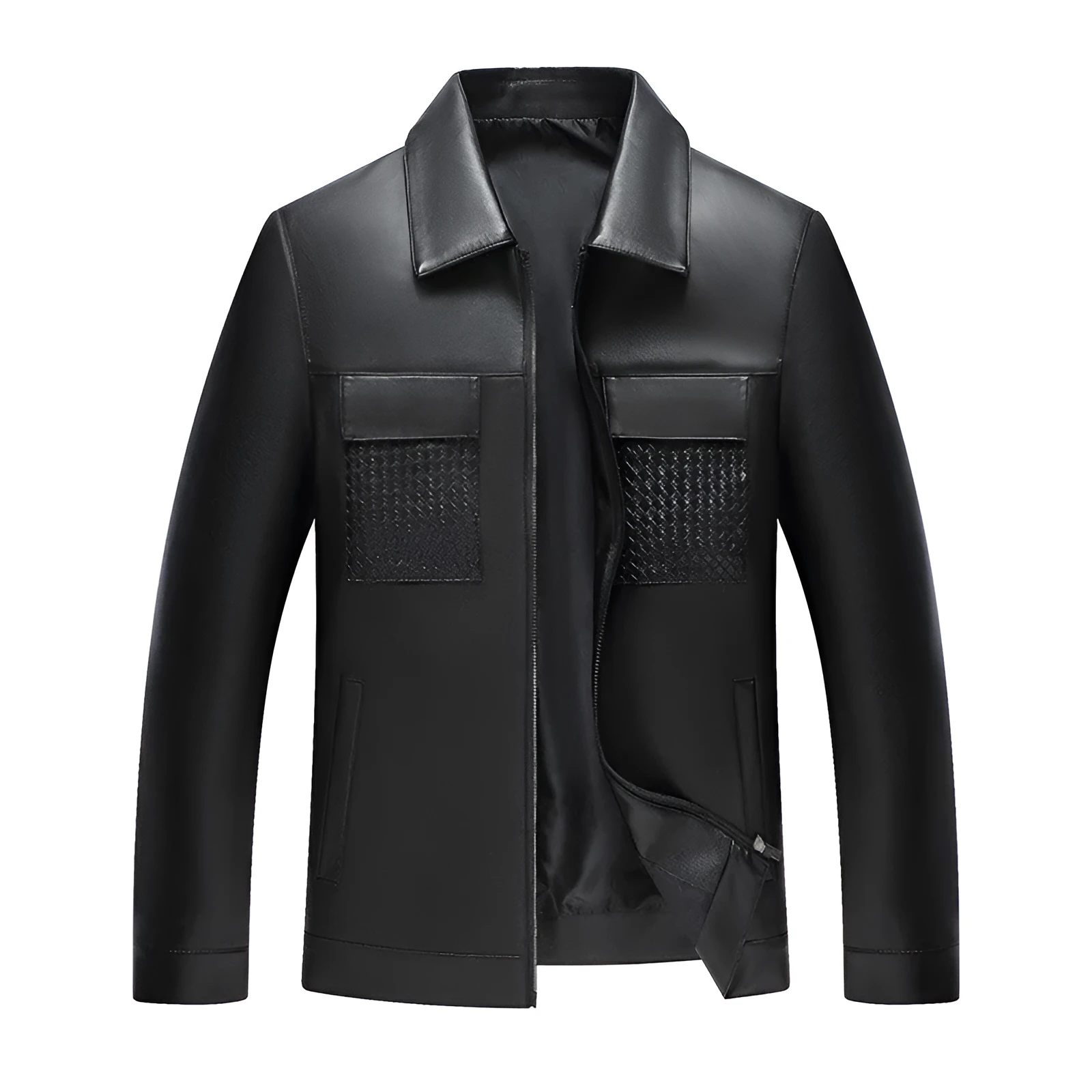Black PU leather jacket with turn-down collar, patch pockets, and straight hem for spring and autumn business wear