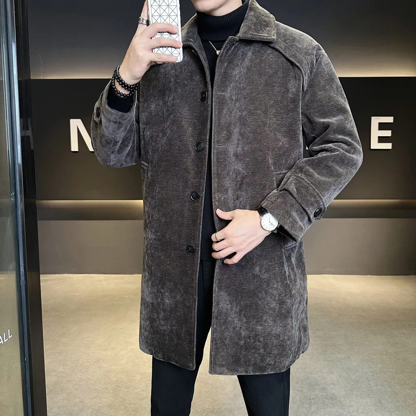 Long brown chenille cotton wool coat thickened windproof jacket with polyester lining, regular fit, front view
