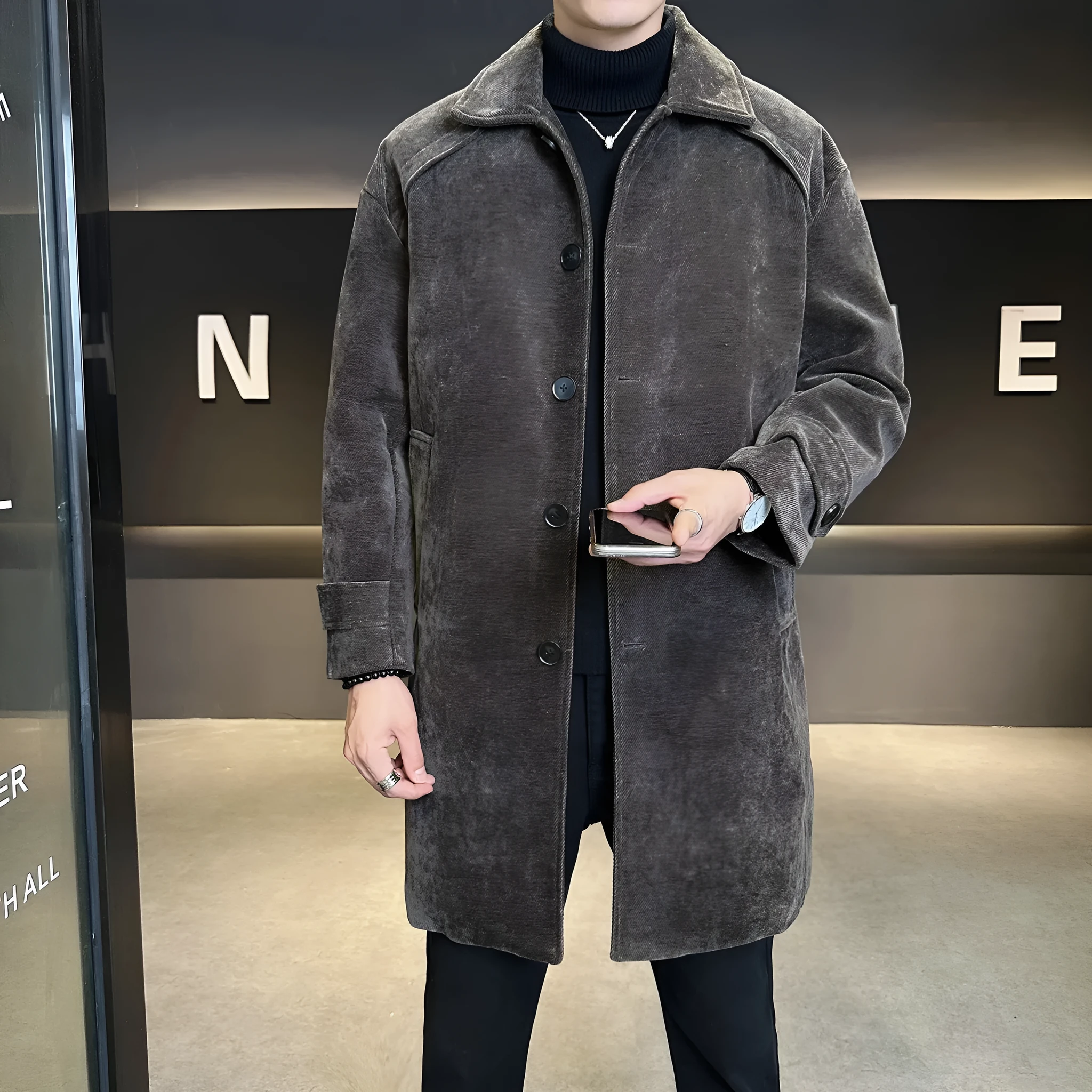 Long brown chenille cotton wool coat thickened windproof jacket with polyester lining, regular fit, front view