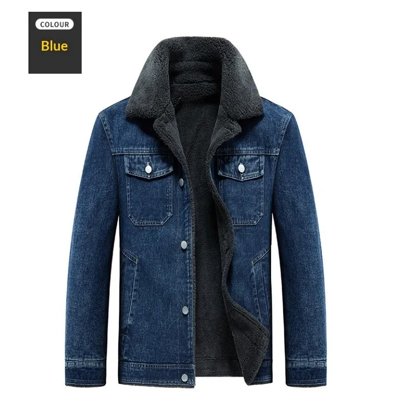 Youth men's padded denim jacket in dark blue, loose fit with cotton shell and polyester lining for spring autumn wear