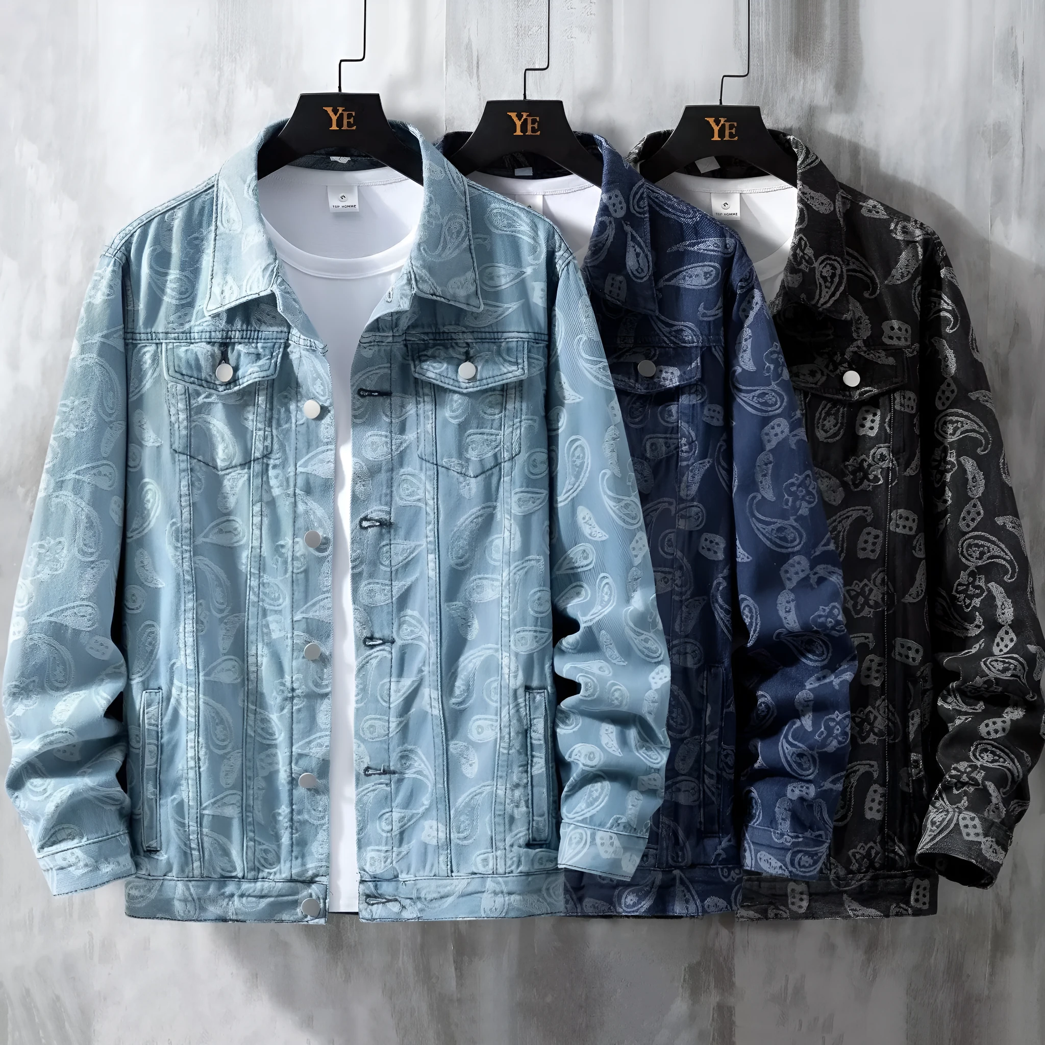 A slim fit men's denim coat in street fashion style, shown in a light blue colour with patch pockets.