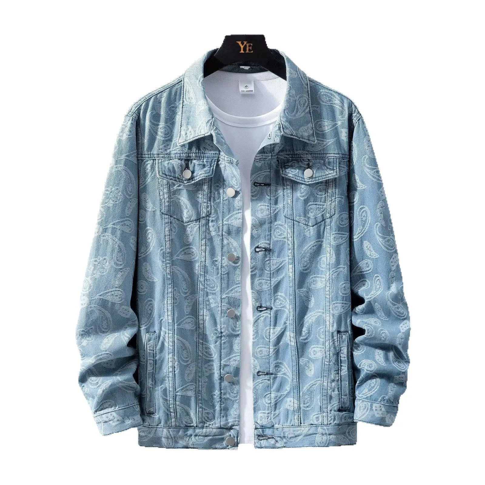A slim fit men's denim coat in street fashion style, shown in a light blue colour with patch pockets.