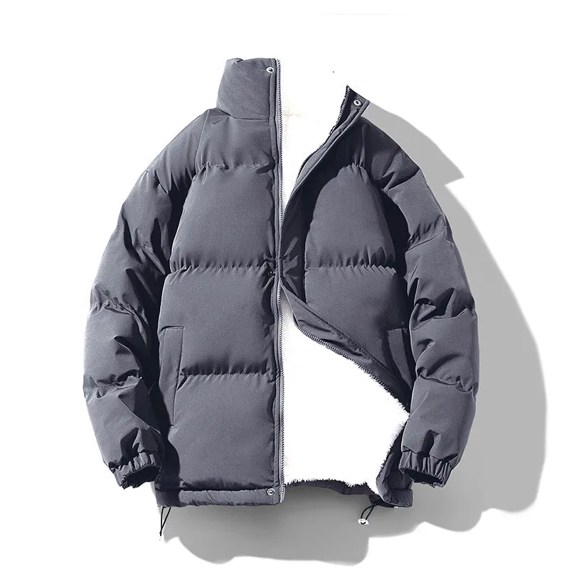 Warm solid color loose stand-collar unisex polyester winter coat in black, front view