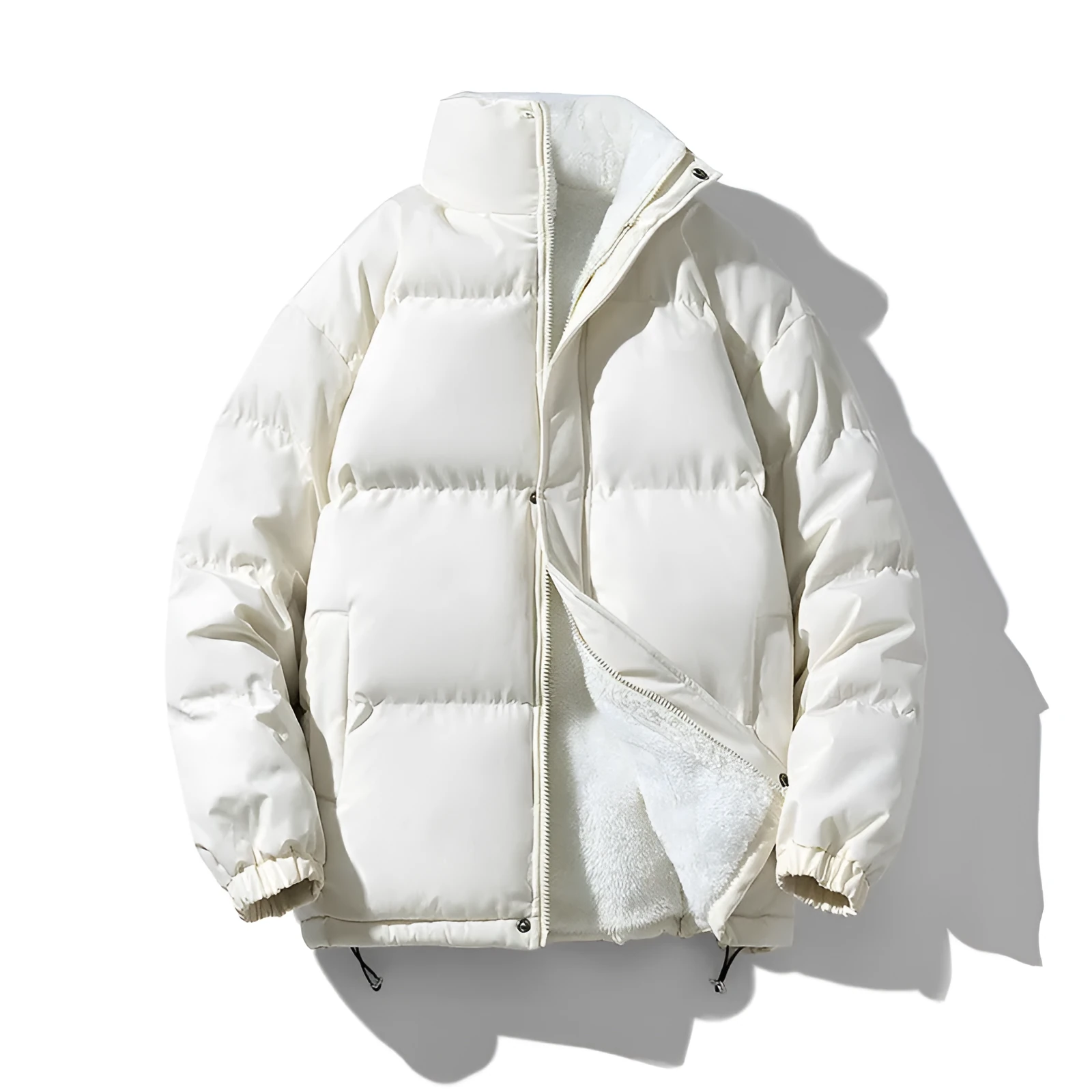 Warm solid color loose stand-collar unisex polyester winter coat in black, front view