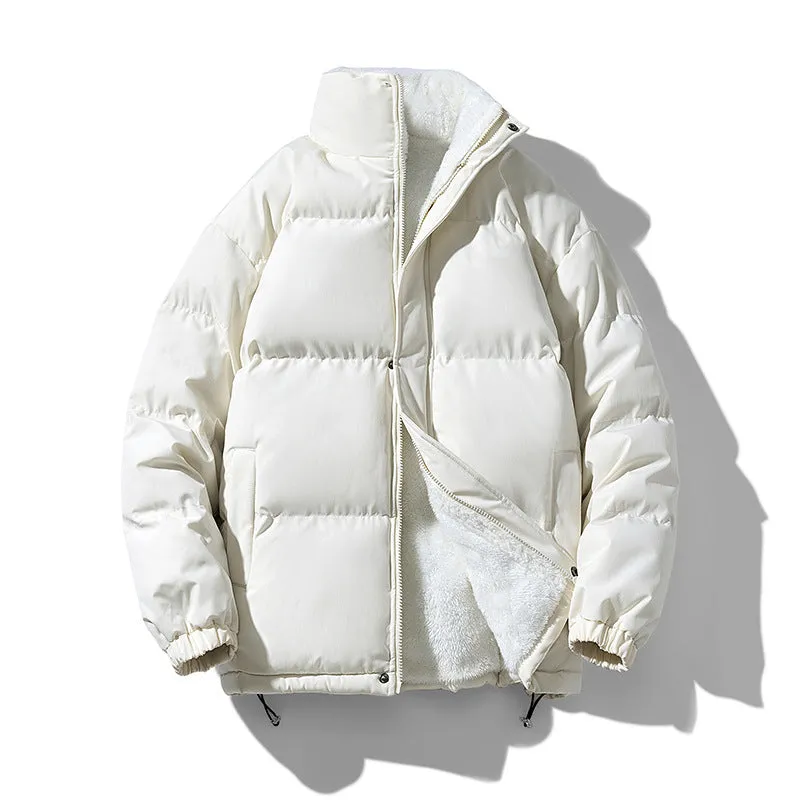 Warm solid color loose stand-collar unisex polyester winter coat in black, front view