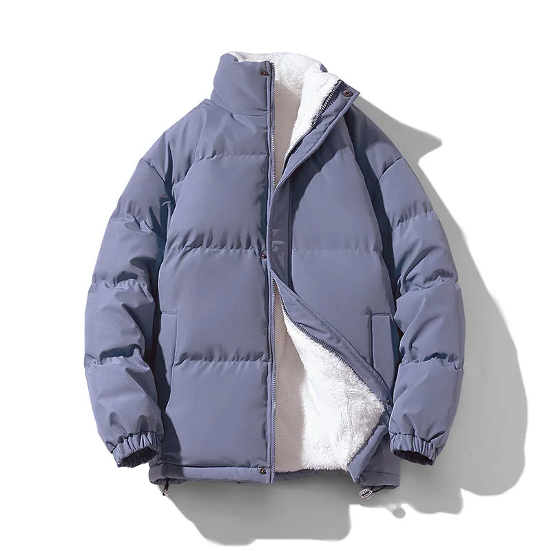 Warm solid color loose stand-collar unisex polyester winter coat in black, front view