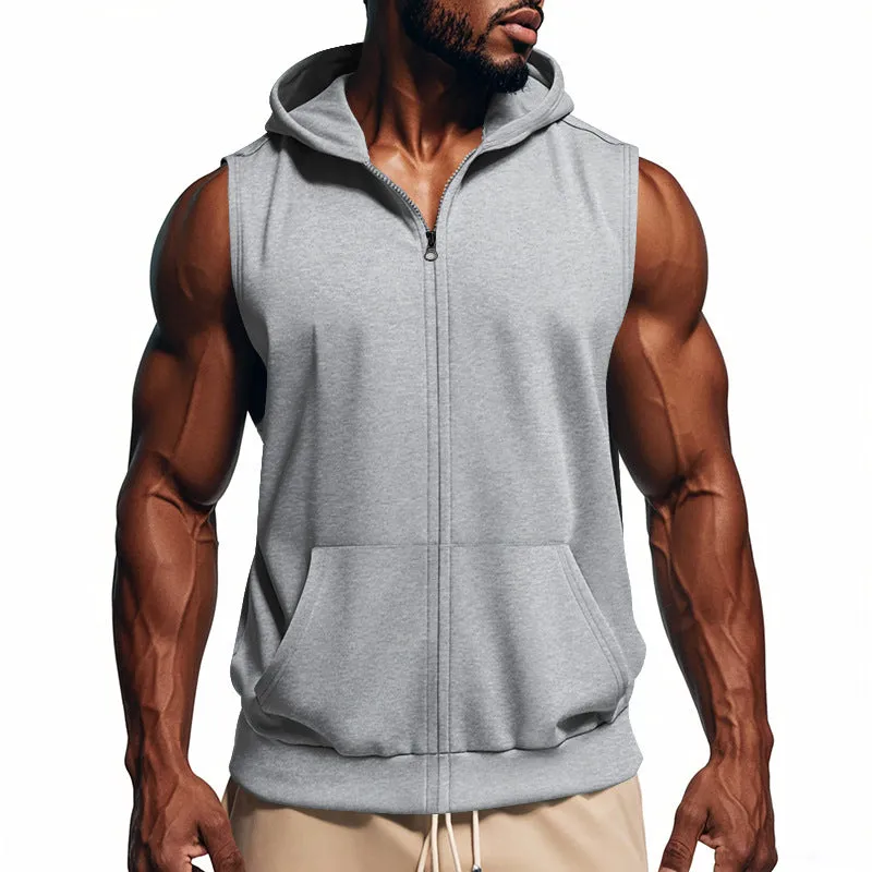Men's sports fitness training zip-up sleeveless vest hooded summer top solid colour twill fabric