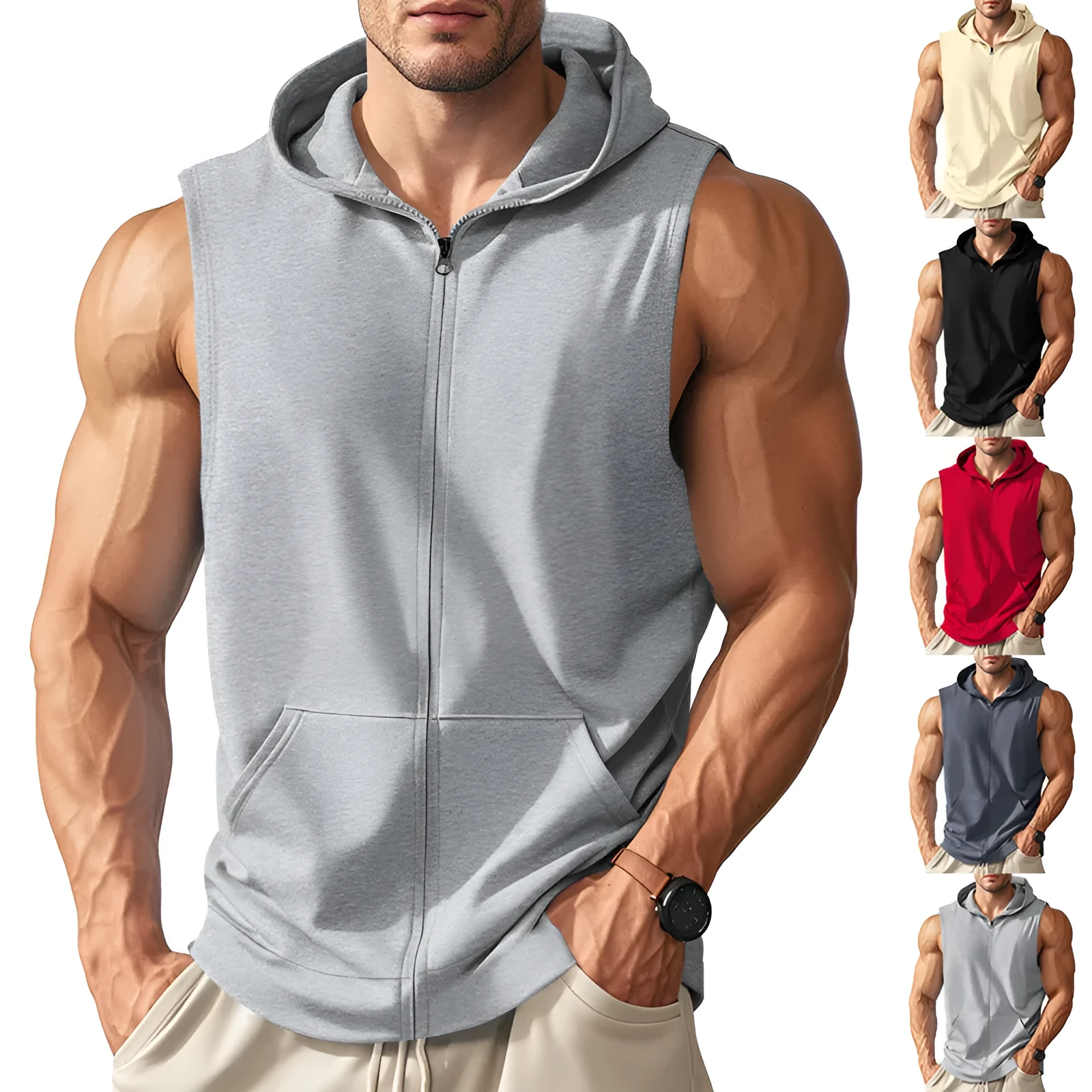 Men's sports fitness training zip-up sleeveless vest hooded summer top solid colour twill fabric