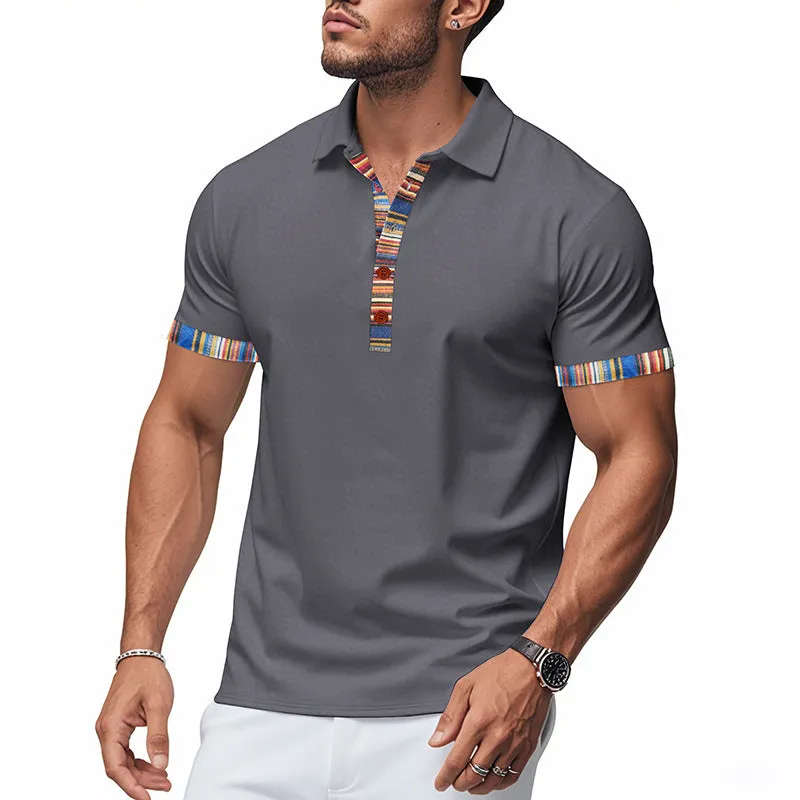 Men's short-sleeved V-neck printed loose casual polo shirt in summer colours