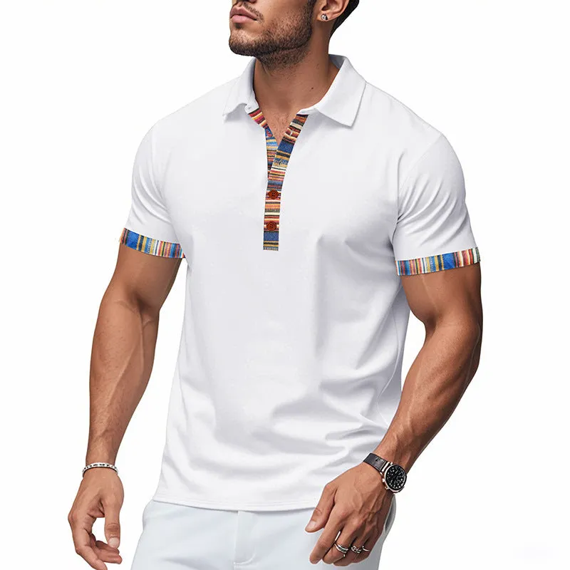 Men's short-sleeved V-neck printed loose casual polo shirt in summer colours