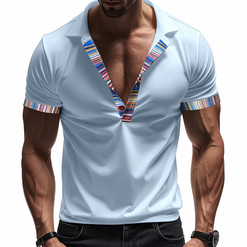 Men's short-sleeved V-neck printed loose casual polo shirt in summer colours