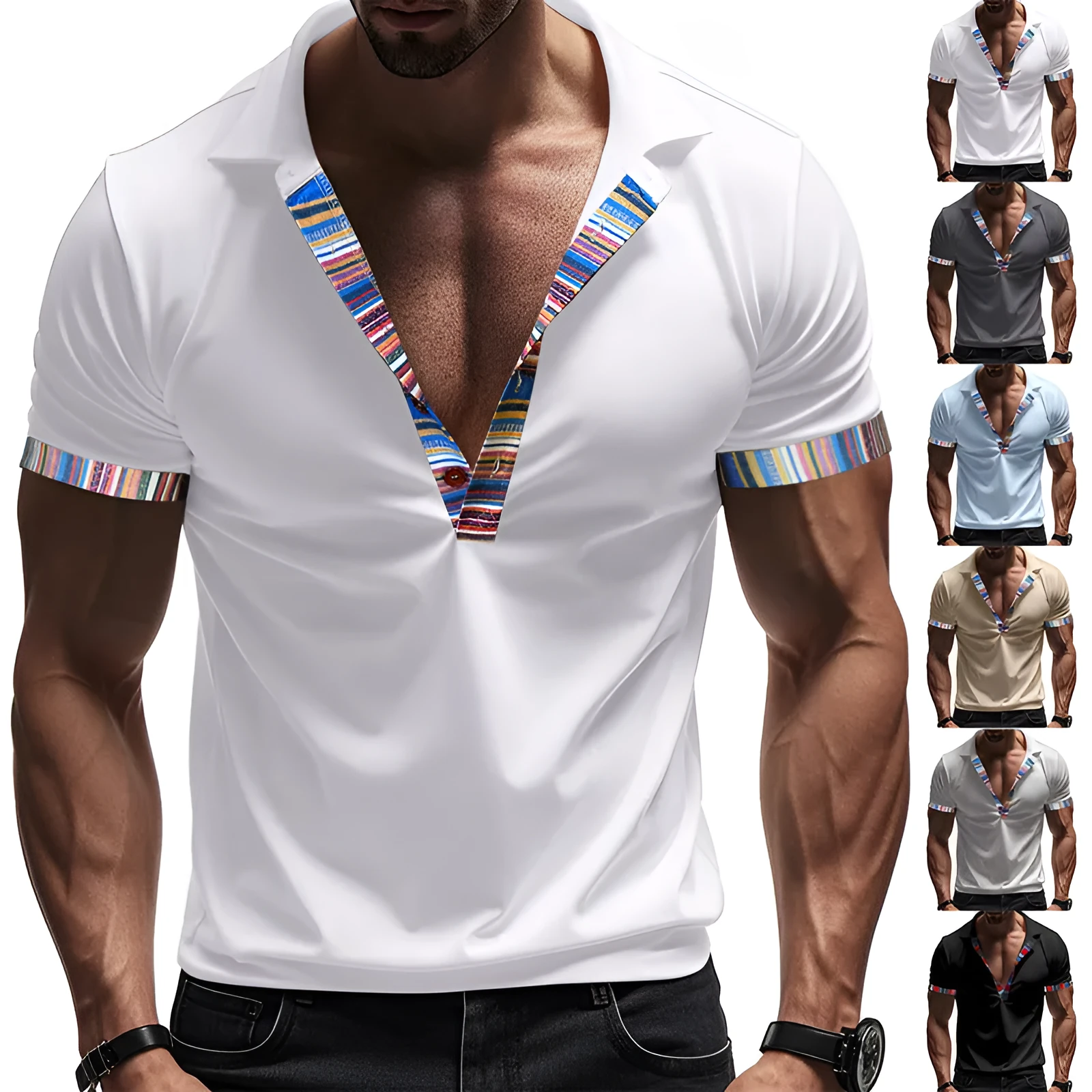 Men's short-sleeved V-neck printed loose casual polo shirt in summer colours