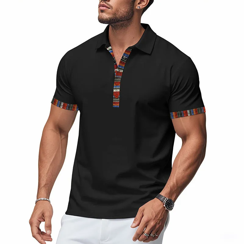 Men's short-sleeved V-neck printed loose casual polo shirt in summer colours
