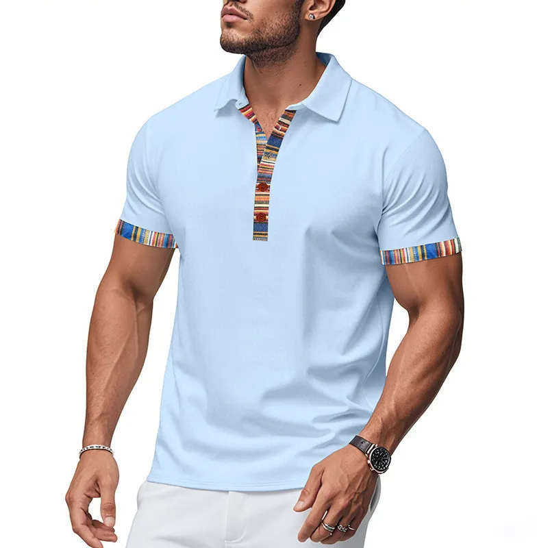 Men's short-sleeved V-neck printed loose casual polo shirt in summer colours