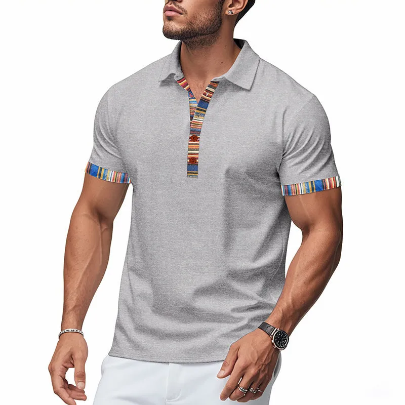 Men's short-sleeved V-neck printed loose casual polo shirt in summer colours