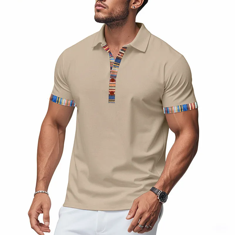 Men's short-sleeved V-neck printed loose casual polo shirt in summer colours