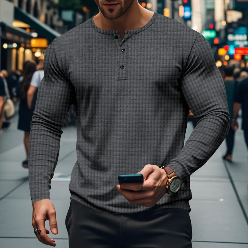 Men's loose fit polyester long sleeve pullover in solid colour with jacquard small check pattern, front view