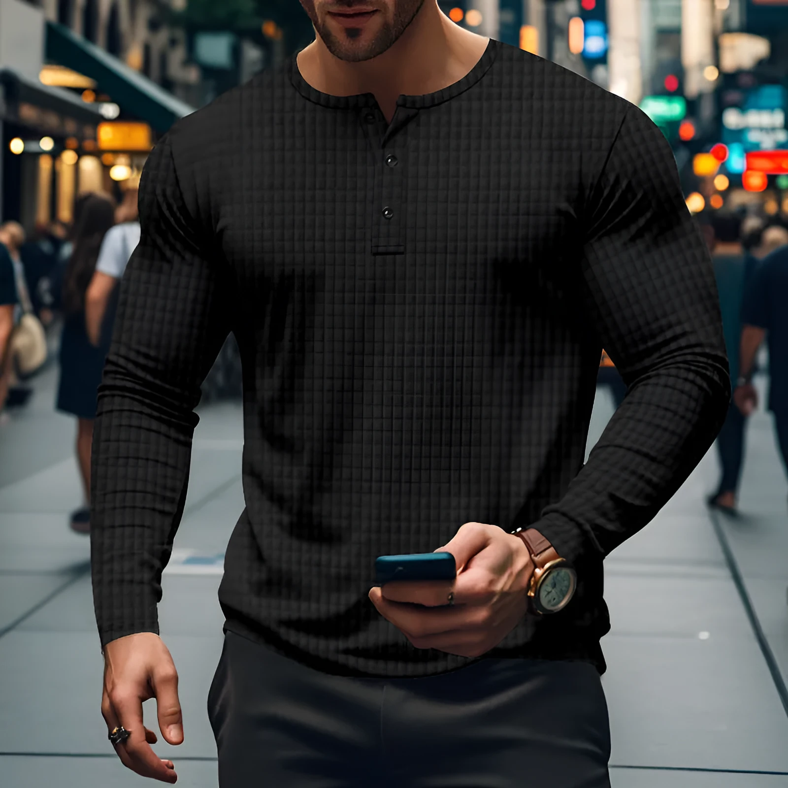 Men's loose fit polyester long sleeve pullover in solid colour with jacquard small check pattern, front view