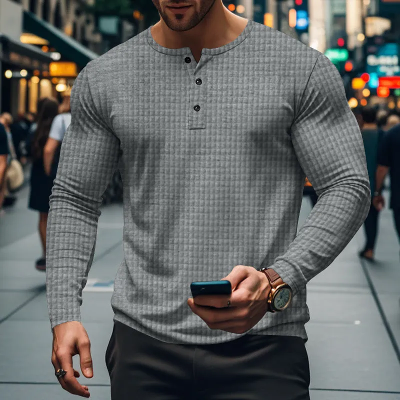 Men's loose fit polyester long sleeve pullover in solid colour with jacquard small check pattern, front view