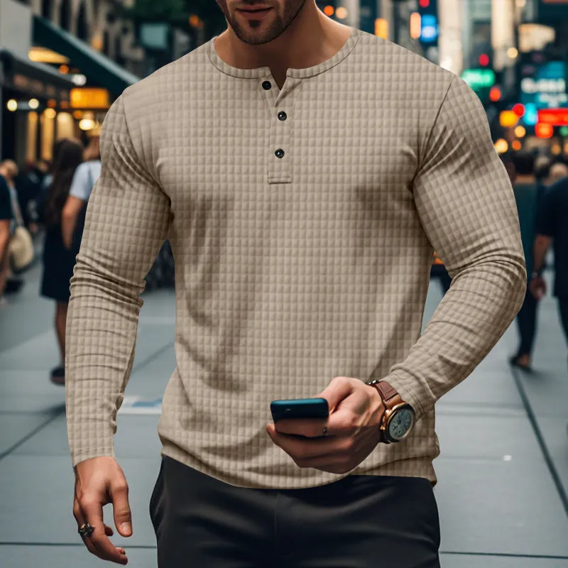 Men's loose fit polyester long sleeve pullover in solid colour with jacquard small check pattern, front view