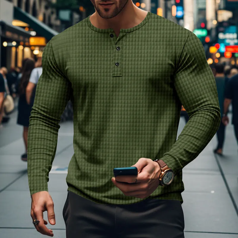 Men's loose fit polyester long sleeve pullover in solid colour with jacquard small check pattern, front view