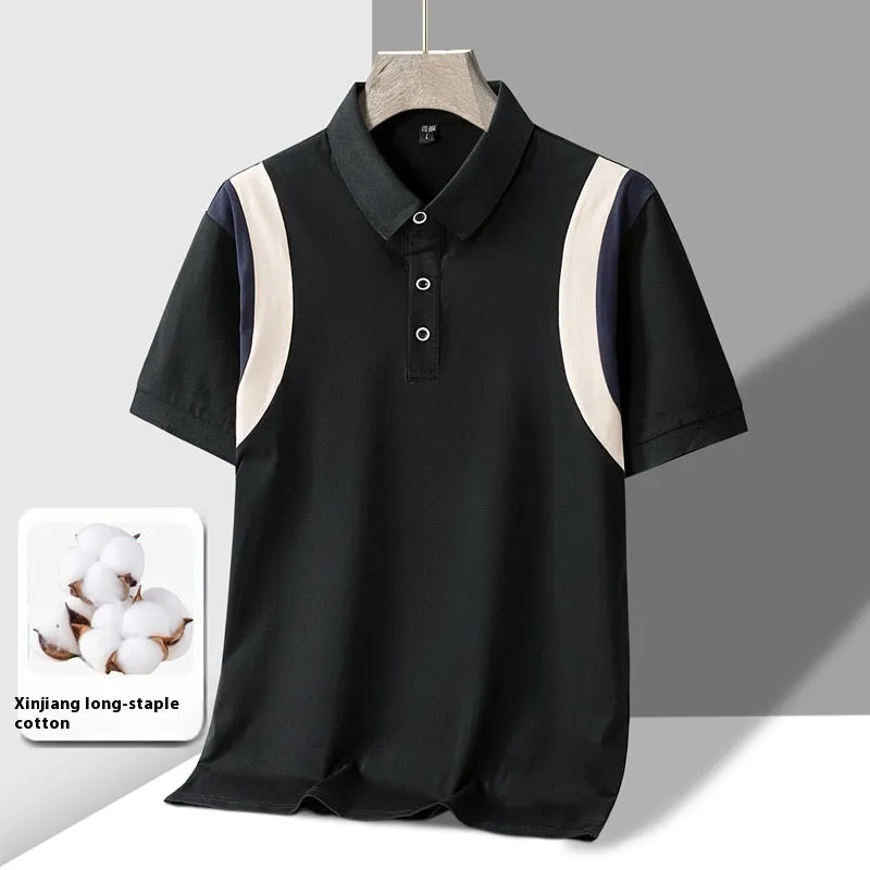 Man wearing a grey lapel-collar short-sleeve cotton T-shirt with a striped pattern.
